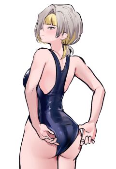 1girl ass back blonde_hair blue_one-piece_swimsuit commentary_request grey_eyes grey_hair hair_over_one_eye hair_tie highres kromer_(project_moon) limbus_company looking_at_viewer looking_back migishita multicolored_hair one-piece_swimsuit partial_commentary ponytail project_moon solo swimsuit two-tone_hair white_background
