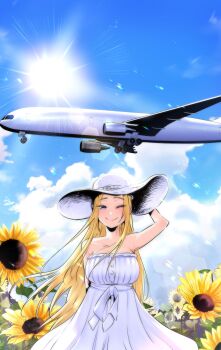 1girl aircraft airplane arm_behind_head arm_up bare_shoulders blonde_hair blue_eyes breasts cleavage closed_mouth cloud collarbone commentary_request cumulonimbus_cloud day dosanko_gal_wa_namaramenkoi dress field flower flower_field fuyuki_minami hat highres ikada_kai large_breasts lens_flare long_dress long_hair looking_at_viewer one_eye_closed sky sleeveless sleeveless_dress smile solo sun sun_hat sundress sunflower sunflower_field upper_body white_dress white_hat