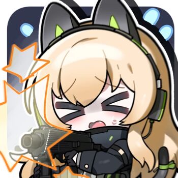 Rule 34 | > <, 1girl, animal ear headphones, animal ears, artist request, b&amp;t mp9, blonde hair, cat ear headphones, cat ears, fake animal ears, girls' frontline, girls' frontline 2: exilium, gun, harpsy (girls' frontline 2), headphones, holding, holding gun, holding weapon, lowres, official art, second-party source, solo, submachine gun, tmp (girls' frontline), weapon