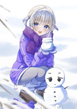 1girl :d bare_tree blonde_hair blunt_bangs blurry blurry_foreground brown_shoes commentary_request earmuffs fang gloves grey_pants highres hololive hololive_dev_is jacket leg_warmers looking_at_viewer multicolored_hair open_mouth outdoors pants purple_eyes purple_hair purple_jacket purple_scarf scarf shoes short_hair smile snowman solo squatting streaked_hair todoroki_hajime tree two_side_up virtual_youtuber white_gloves white_leg_warmers yoshidadon
