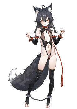 1girl absurdres ahoge animal_collar animal_ears bdsm black_hair black_thighhighs blush bondage bondage_cuffs bound bound_ankles bound_wrists breasts bridal_gauntlets bridal_legwear cleft_of_venus closed_mouth collar commentary_request contrapposto cuffs eco_376124 female_focus full_body furrowed_brow hands_up highres leash loli looking_at_viewer md5_mismatch medium_hair navel nipples original pussy red_collar red_eyes revealing_clothes see-through_clothes shackles simple_background slave small_breasts solo standing tail thighhighs toes variant_set white_background wolf_ears wolf_girl wolf_tail