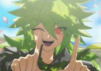 Rule 34 | 1boy, ;d, aotu world, black shirt, blue sky, blurry, blurry background, cherry blossoms, collared shirt, dappled sunlight, day, eyes visible through hair, falling petals, fangs, green hair, green necktie, hair between eyes, index finger raised, long hair, looking at viewer, low ponytail, male focus, multicolored eyes, necktie, official alternate costume, one eye closed, open mouth, outdoors, petals, pointy ears, ponytail, red eyes, rnlcksmaalcls, shirt, sky, smile, solo, spiked hair, sunlight, teeth, tongue, upper body, xander (aotu world), xander (campus) (aotu world), yellow eyes