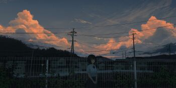 1girl black_hair blue_skirt blue_sky bob_cut bow bowtie brown_eyes building closed_mouth cloud collared_shirt cowboy_shot cumulonimbus_cloud evening fence film_grain gensuke_(ryun) hair_between_eyes highres house orange_clouds original outdoors pleated_skirt power_lines red_bow red_bowtie scenery shirt short_hair short_sleeves skirt sky solo standing star_(sky) starry_sky summer tree utility_pole white_shirt wide_shot
