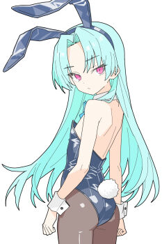 1girl :&lt; animal_ears aqua_hair ass black_pantyhose blue_bow blue_bowtie bow bowtie cowboy_shot curtained_hair detached_collar hairband highres leotard long_hair looking_at_viewer looking_back matuo3232 pantyhose parted_bangs pink_eyes playboy_bunny rabbit_ears rabbit_tail rance_(series) sengoku_rance shinobu_(rance) simple_background solo strapless strapless_leotard tail white_background wrist_cuffs