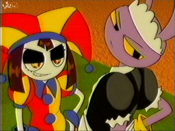 1990s_(style) 1boy 1girl apron asymmetrical_gloves blue_gloves blush_stickers brown_hair colored_skin crossdressing crossdressing_(mtf) evil_grin evil_pomni_(the_amazing_digital_circus) evil_smile gloves grin hat highres jax_(the_amazing_digital_circus) jester jester_cap lueduar maid maid_apron multicolored_eyes retro_artstyle scene_reference smile the_amazing_digital_circus