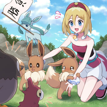 1girl bare_shoulders beak bird blue_eyes blue_sky cloud eevee gen_1_pokemon gen_3_pokemon gen_4_pokemon glaceon grass haru_(haruxxe) highres irida_(pokemon) light_brown_hair nintendo pokemon pokemon_legends:_arceus rock scared short_hair shorts sky sleeveless starly worm wurmple