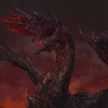 Rule 34 | alatreon, commentary request, dragon, embers, highres, monster, monster hunter (series), no humans, nostrils, open mouth, red background, red eyes, shiratsuyu mone, solo