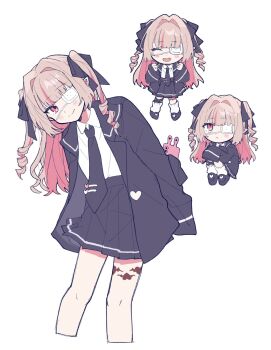 Rule 34 | 1girl, :<, arm behind back, black shoes, blazer, blue jacket, blue necktie, blue ribbon, blue skirt, blush, cellphone, chibi, chibi inset, closed eyes, closed mouth, collared shirt, colored inner hair, cropped legs, drill hair, eyepatch, fangs, full body, furrowed brow, grey hair, hair intakes, hair ribbon, hands up, hashtag-only commentary, head tilt, heart, highres, holding, holding phone, hugging own legs, jacket, kinosuke (kkknj00), knees up, lapels, leaning forward, leg ribbon, leg tattoo, light smile, long hair, long sleeves, looking at viewer, loose socks, makaino ririmu, medical eyepatch, miniskirt, monitoring (vocaloid), multicolored hair, multiple views, necktie, nijisanji, notched lapels, official alternate costume, official alternate hairstyle, open clothes, open jacket, open mouth, phone, phone with ears, pink hair, pink streaks, platform shoes, pleated skirt, pointy ears, rabbit ear smartphone case, red eyes, ribbon, school uniform, shirt, shirt tucked in, shoes, sidelocks, simple background, sitting, skirt, sleeves past fingers, sleeves past wrists, smartphone, smartphone case, socks, streaked hair, tattoo, tie clip, two-tone hair, two side up, upturned eyes, virtual youtuber, white background, white shirt, white socks, winged heart, winged heart tattoo