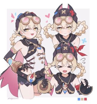 &gt;_&lt; 1girl :d bandana bandana_around_arm beanie black_gloves black_hat black_scarf black_shorts blonde_hair blush braid braided_hair_rings breasts center_opening closed_eyes color_guide commentary_request cropped_legs cropped_torso fang fingerless_gloves flying_sweatdrops genshin_impact gloves goggles goggles_on_head hair_between_eyes hair_rings hat heart jahoda_(genshin_impact) leotard looking_at_viewer mechanical_arms medium_hair multiple_views ninji665102 open_mouth prosthesis prosthetic_arm red_bandana scarf shorts single_glove single_mechanical_arm skin_fang small_breasts smile star-shaped_pupils star_(symbol) symbol-shaped_pupils tinted_eyewear torn_clothes torn_shorts white_leotard yellow_eyes