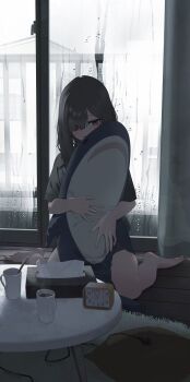 1girl analog_clock backlighting bare_legs barefoot brown_hair cable chabudai clock coffee_mug condensation cup curtains cushion dot_pupils electric_plug full_body fur_rug hair_between_eyes highres holding hugging_object indoors jitome legs light_blush long_hair looking_at_another messy_hair mug multicolored_eyes oissu_tiwassu on_floor original parted_lips pink_eyes rug shirt short_sleeves shy sitting skirt solo steam stuffed_animal stuffed_shark stuffed_toy table tissue tissue_box two-tone_eyes wariza white_rug window window_fog wooden_floor