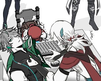 1girl 1other 3boys albedo_(genshin_impact) alhaitham_(genshin_impact) anger_vein angry backpack bag board_game braid cable cape chair child covered_abs earrings genshin_impact green_hair grey_hair hair_over_one_eye hat headphones highres jewelry kaveh_(genshin_impact) klee_(genshin_impact) leaning_back leaning_forward long_hair looking_at_another looking_up multicolored_hair multiple_boys on_chair open_mouth parted_lips partially_colored reversi shirt short_hair sitting standing table tears toned toned_male trembling two-tone_hair unhappy yanagi811000