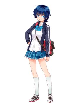 1girl bag between_breasts blue_bow blue_bowtie blue_eyes blue_hair blue_skirt bow bowtie breasts full_body girlfriend_(kari) hand_on_own_hip harumiya_tsugumi jacket kneehighs knees large_breasts looking_at_viewer miniskirt official_art plaid_clothes plaid_skirt pleated_skirt qp:flapper school_uniform shirt shoes short_hair shoulder_bag simple_background skirt smile sneakers socks solo standing strap_between_breasts thighs track_jacket transparent_background white_shirt white_socks