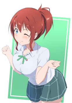 1girl absurdres alternate_hairstyle blue_eyes blush breasts breasts_squeezed_together brown_hair emma_verde freckles gyaru highres large_breasts long_hair looking_at_viewer love_live! love_live!_nijigasaki_high_school_idol_club miyashita_ai nijigasaki_school_uniform one_eye_closed partially_unbuttoned ponytail role_reversal school_uniform smile zasshoku_ojisan