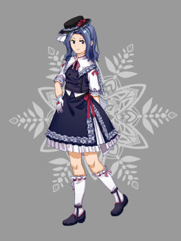 1girl :d alternate_costume arm_behind_back balloon black_hat black_skirt black_vest blue_hair bow buttons closed_mouth cloud collared_shirt fedora floating_hair floral_background frilled_hat frilled_shirt_collar frills furahata_gen gloves grass grey_background hat hat_bow highres holding holding_suitcase kumoi_ichirin lolita_fashion looking_at_viewer medium_hair neckerchief open_mouth parted_bangs red_bow shirt short_sleeves skirt skirt_set sleeve_cuffs smile solo standing striped_neckerchief suitcase touhou vest waist_bow white_bow white_gloves white_shirt