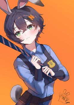 1girl animal_ears artist_logo artist_name badge belle_(zenless_zone_zero) belt belt_pouch blue_hair blue_pants blue_shirt blue_vest brown_belt clothes_grab collared_shirt commentary cosplay crossed_bangs diagonal-striped_clothes diagonal-striped_necktie green_eyes hair_ornament highres judy_hopps judy_hopps_(cosplay) kemonomimi_mode letter_hair_ornament logo long_sleeves looking_up necktie necktie_grab neckwear_grab orange_background pants pouch rabbit_ears rabbit_girl rabbit_tail shirt short_hair simple_background smile solo striped_clothes symbol-only_commentary tail vest yuna_(deadawon) zenless_zone_zero zootopia