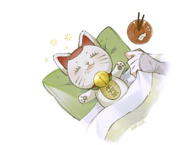 Rule 34 | 2girls, ayase seiko, bell, blush, bowl, cat, chopsticks, closed eyes, comimingming, dandadan, dated, detached sleeves, food, food in mouth, from above, grey sleeves, lying, maneki-neko, multiple girls, neck bell, on back, open mouth, out of frame, pillow, sparkle, turbo granny (dandadan), under covers, whiskers, white background