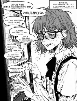 1girl freckles frills glasses greyscale highres hulijinq monochrome neet_girl_(baalbuddy) original short_hair solo teeth