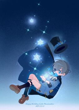 black_cape black_hair black_socks blue_background blue_bow blue_bowtie blue_cape blue_eyes blue_jacket blue_shorts bow bowtie brown_shoes cape character_name ciel_phantomhive commentary_request dated earrings eyepatch floating full_body gradient_background grey_hair hair_between_eyes happy_birthday hat highres jacket jewelry kuroshitsuji shoes short_hair shorts shota single_earring socks thumb_ring top_hat two-sided_cape two-sided_fabric yeshisi
