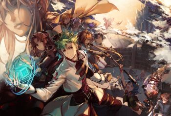 &gt;_&lt; 6+boys 6+girls :o agate_crosner alan_richard anelace_elfead armor belt belt_pouch black_hair blonde_hair blue_hair book bookshelf brown_hair castle closed_eyes coat cube daijanaikedo dan_russell_(eiyuu_densetsu) dress eiyuu_densetsu erika_russell_(eiyuu_densetsu) estelle_bright falcom fingerless_gloves floating flying_vehicle gilbert_stein gloves glowing goggles goggles_around_neck green_hair gun habit hair_ribbon hairband hands_on_own_hips jacket josette_capua joshua_bright jumping kevin_graham kloe_rinz lips long_hair long_sleeves looking_at_viewer medallion muller_vander multiple_boys multiple_girls nun olivert_reise_arnor open_mouth pants polearm pouch purple_hair red_hair renne_(eiyuu_densetsu) ribbon ries_argent rufina_argent scherazard_harvey scythe shirt short_hair short_sleeves shorts shoulder_armor silver_hair sitting smile smoke sora_no_kiseki spiked_hair staff standing sweatdrop thighhighs tita_russell twintails visor_cap weapon white_legwear zin_vathek