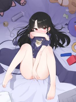 1girl absurdres baby_bottle bed_sheet black_cloak black_hair blush bottle cloak commission covering_own_mouth covering_privates demon_girl demon_tail domado grey_skirt highres knees_up korean_commentary loli long_hair looking_at_viewer lying mole mole_under_eye on_back original rattle red_eyes short_sleeves skirt solo stuffed_animal stuffed_toy tail teddy_bear unworn_skirt variant_set