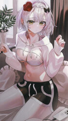 Rule 34 | 1girl, absurdres, bikini, bikini under clothes, black shorts, blush, cellphone, commentary request, curtains, drawstring, feet out of frame, flower, genshin impact, green eyes, grey hair, gym shorts, hair flower, hair intakes, hair ornament, hands up, highres, hood, hood down, hoodie, indol, indoors, long sleeves, looking at viewer, noelle (genshin impact), parted lips, phone, red flower, red rose, rose, short hair, short shorts, shorts, shrug (clothing), sitting, sleeve cuffs, smartphone, solo, swimsuit, vase, white bikini, window