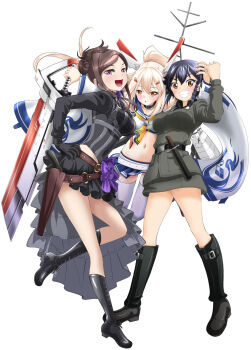 Rule 34 | 3girls, :d, anzio military uniform, ayanami (azur lane), azur lane, bandaid, belt, black belt, black choker, black footwear, black hair, black shirt, black skirt, blonde hair, blue sailor collar, blue skirt, boots, bow, braid, brown belt, brown eyes, brown hair, choker, clenched hand, clothing cutout, commentary request, crossover, detached sleeves, dorothy (princess principal), double horizontal stripe, dress shirt, floating, frilled sash, girl sandwich, girls und panzer, grey jacket, grey skirt, grin, group hug, gun, hair ornament, hairclip, hand on own hip, headgear, highres, holding, holding sword, holding weapon, holster, hug, huge weapon, jacket, knee boots, knife, lace-up boots, leg up, long hair, long sleeves, looking at viewer, microskirt, midriff, military, military uniform, miniskirt, multiple girls, navel, open mouth, overskirt, pepperoni (girls und panzer), princess principal, purple bow, purple eyes, red eyes, rigging, sailor collar, sandwiched, sash, shirt, short hair, shoulder cutout, side braid, silver hair, simple background, skirt, smile, standing, standing on one leg, swept bangs, sword, taichi you, taniguchi gou, thighhighs, voice actor connection, weapon, white background, white belt, white legwear, white shirt, white sleeves, wing collar, yellow neckwear