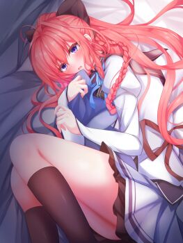 1girl absurdres ahoge bed_sheet black_bow black_socks blue_ribbon blush bow braid commentary eyelashes feet_out_of_frame frilled_skirt frills hair_bow hair_spread_out highres hugging_object inui_sana juliet_sleeves kneehighs knees_up koyo_aki_(vtvd5277) leaning_forward long_hair long_sleeves looking_down lying mashiroiro_symphony miniskirt neck_ribbon on_bed on_side open_mouth pillow pillow_hug pleated_skirt ponytail puffy_sleeves purple_eyes red_hair ribbon school_uniform shirt sidelighting single_braid single_hair_intake skirt sleeves_past_wrists socks solo thighs very_long_hair white_shirt white_skirt