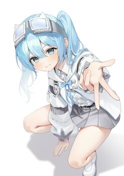 1girl absurdres arahashi_tabi belt black_belt blue_bow blue_bowtie blue_eyes blue_hair bow bowtie center_frills collared_shirt commentary frilled_shirt frills goggles goggles_on_head grey_skirt gyaru_v ham99luv hand_on_floor highres jacket korean_commentary long_sleeves pleated_skirt shirt shoes simple_background skirt socks solo squatting stellive twintails v virtual_youtuber white_background white_jacket white_shirt white_shoes white_socks