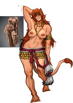 1girl absurdres animal_ears armband big_breasts brown_hair claws female_focus final_fantasy final_fantasy_xiv furry furry_female gold green_eyes highres historically_accurate_costume hrothgar hrothgar_female jewelry lion_ears lion_tail lioness long_hair looking_at_viewer muhash14 muscular muscular_female necklace orange_fur orange_hair skirt smile solo square_enix tail topless_female wuk_lamat
