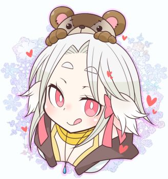 1girl :q bikini blush bright_pupils closed_mouth commentary_request curtained_hair grey_hair heart jacket jewelry looking_at_viewer mechanic_(ragnarok_online) necklace oekakipikki official_alternate_costume portrait ragnarok_online red_eyes smile snowflakes solo stuffed_animal stuffed_toy swimsuit teddy_bear tongue tongue_out white_background white_jacket white_pupils yellow_bikini