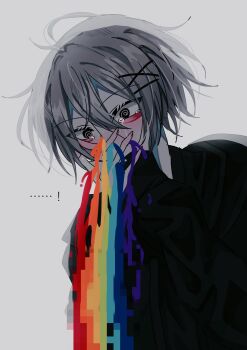 ...! 1girl @_@ aegyo_sal black_eyes black_shirt censored covering_own_mouth crying crying_with_eyes_open hair_ornament hairclip hands_up highres mosaic_censoring original reno_(re_leno) shirt short_hair solo tears upper_body vomiting_rainbows white_hair x_hair_ornament