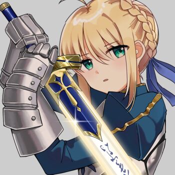Rule 34 | 1girl, ahoge, armor, artoria pendragon (fate), blonde hair, blue dress, blue ribbon, braid, braided bun, breastplate, commentary request, dress, excalibur (fate/stay night), fate/stay night, fate (series), from side, gauntlets, gold trim, green eyes, grey armor, grey background, hair between eyes, hair bun, hair ribbon, hands up, highres, holding, holding sword, holding weapon, juliet sleeves, long sleeves, looking at viewer, open mouth, puffy sleeves, ribbon, saber (fate), short hair, sidelocks, simple background, solo, sparkle, sword, upper body, user dwmj3838, weapon
