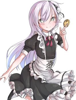 Rule 34 | 1girl, apron, between fingers, black dress, blush, bow, bowtie, closed mouth, commentary request, cookie, dress, fang, fang out, food, frilled apron, frilled dress, frills, grey eyes, hair ornament, hand up, highres, holding, kawai ritsu (rits meg), long hair, looking at viewer, maid, maid apron, one side up, pink hair, puffy short sleeves, puffy sleeves, red bow, red bowtie, short sleeves, simple background, smile, solo, split mouth, swept bangs, toji no miko, tsubakuro yume, white apron, white background