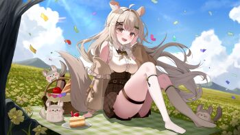 Rule 34 | 1girl, ahoge, animal hair ornament, apple, basket, belt, blue sky, bottle, bow, bowtie, bread, breasts, brown bow, brown bowtie, brown eyes, brown hair, brown jacket, brown ribbon, brown skirt, cake, center frills, chinchilla ears, chinchilla girl, chinchilla tail, collared shirt, commentary request, confetti, creature, dduddumoong, field, flower, flower field, food, frilled jacket, frilled shirt, frills, fruit, grass, hair ornament, hand on own face, heart, heart tattoo, highres, indie virtual youtuber, jacket, jacket partially removed, kneehighs, korean commentary, large breasts, leepy, long hair, long sleeves, open mouth, outdoors, picnic blanket, plaid clothes, plaid skirt, pleated skirt, ribbon, shirt, sitting, skirt, sky, sleeveless, sleeveless shirt, socks, solo, tattoo, thigh strap, virtual youtuber, white flower, white shirt, white socks, x hair ornament
