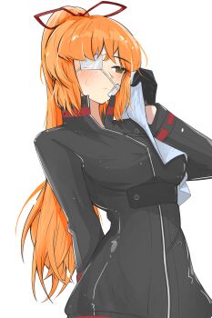 1girl absurdres ayamiya black_gloves blush commentary english_commentary eyepatch freckles gloves hair_ribbon high_ponytail highres ishmael_(project_moon) limbus_company long_hair medical_eyepatch orange_hair ponytail project_moon red_ribbon ribbon shi_association_south_uniform simple_background solo white_background wiping_face