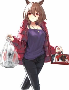 1girl agnes_tachyon_(casual)_(umamusume) agnes_tachyon_(umamusume) animal_ears bag black_pants bra_strap breasts brown_hair casual coat collarbone commentary english_commentary food hair_between_eyes highres holding holding_bag holding_food horse_ears horse_girl jewelry kfc long_sleeves looking_at_viewer medium_hair necklace no_tail o_ko_ge2024 off-shoulder_shirt off_shoulder open_clothes open_coat pants puffy_coat purple_shirt purple_sweater red_coat red_eyes shirt simple_background small_breasts solo sweater umamusume white_background