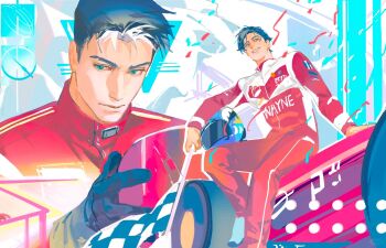 2boys batman_(series) black_gloves black_hair car dc_comics dick_grayson formula_racer gloves helmet highres holding holding_unworn_helmet jacket jason_todd male_focus motor_vehicle multiple_boys muscular muscular_male pants race_vehicle racecar racing_suit red_hood_and_the_outlaws red_racing_suit short_hair taku_1881292884 unworn_headwear unworn_helmet