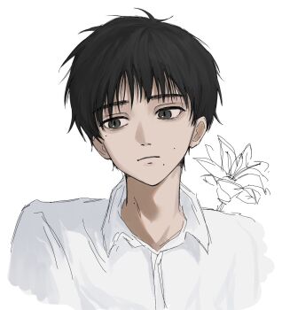 1boy black_hair closed_mouth collared_shirt grey_eyes hashtag-only_commentary hikaru_ga_shinda_natsu looking_to_the_side male_focus mole mole_on_cheek mole_on_neck mole_under_eye mole_under_mouth multiple_moles official_alternate_hair_length official_alternate_hairstyle qwioxc shirt short_hair simple_background slit_pupils tsujinaka_yoshiki white_background white_shirt