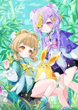 Rule 34 | 2girls, backpack, bag, black skirt, blue shirt, blunt bangs, blush, bow, bowtie, brown hair, bun cover, closed mouth, coin hair ornament, commentary request, day, double bun, feet out of frame, footwear bow, genshin impact, grass, green shoes, hair bun, hair ornament, hairclip, highres, long hair, long sleeves, looking at viewer, miniskirt, multiple girls, open mouth, orange eyes, outdoors, pink bow, pink bowtie, pink eyes, pleated skirt, purple hair, purple shirt, qiqi (genshin impact), shirt, shoes, short hair, skirt, smile, socks, sparkle, umbrella, watermark, white socks, yaoyao (genshin impact), yaoyao (rainlit bamboo reverie) (genshin impact), yellow bow, yellow bowtie, yuegui (genshin impact), yutukicom