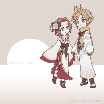 1boy 1girl aerith_gainsborough aerith_gainsborough_(festive_crimson_attire) blonde_hair blue_eyes bluelimbo8888 boots bow brown_boots brown_hair chibi chibi_only cloud_strife cloud_strife_(official_festive_garb) couple dated final_fantasy final_fantasy_vii final_fantasy_vii:_ever_crisis flower flower_knot frilled_kimono frills full_body fur-trimmed_kimono fur_trim gold_trim green_eyes grey_background hair_bow hair_bun hair_flower hair_ornament happy_new_year hetero holding_hands japanese_clothes kimono light_smile long_hair looking_at_another new_year official_alternate_costume parted_bangs print_scarf red_trim sandals scarf short_hair side_slit sidelocks spiked_hair standing tassel tassel_hair_ornament twitter_username updo white_kimono