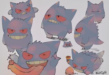 &gt;_&lt; ^_^ anger_vein cherry closed_eyes commentary ditto food frown fruit gen_1_pokemon gengar grin highres ice_cream_cone jari_(jje11y12) looking_up nintendo no_humans open_mouth pokemon pokemon_(creature) pokemon_focus red_eyes smile standing sweatdrop teeth tongue tongue_out transformed_ditto