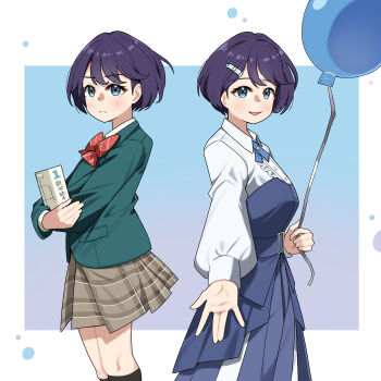 1girl :d azabu_mai balloon black_socks blazer blue_background blue_eyes book border bow bowtie brown_skirt closed_mouth commentary_request feet_out_of_frame frown goldluck gradient_background green_jacket highres holding holding_balloon holding_book ikizulive!_love_live!_bluebird jacket kneehighs looking_at_viewer love_live! miniskirt multiple_views offering_hand open_mouth outside_border pinstripe_bowtie plaid_clothes plaid_skirt pleated_skirt purple_background purple_hair red_bow red_bowtie school_uniform short_hair simple_background skirt smile socks textbook white_border