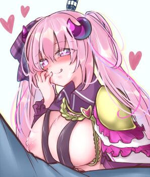 1boy 1girl anneliese aroused black_shrug blue_ribbon blush breasts cape cleavage closed_mouth commentary_request crown cum cum_on_body cum_on_breasts cum_on_upper_body curled_horns demon_girl demon_horns eyes_visible_through_hair facial frilled_cape gattengou hair_between_eyes hair_ribbon hand_on_own_cheek hand_on_own_face hand_up heart heart-shaped_pupils hetero highres horns kimagure_temptation large_breasts long_hair long_sleeves looking_at_another mini_crown nipples paizuri pink_hair pink_ribbon purple_eyes ribbon shrug_(clothing) sidelocks simple_background smile solo_focus symbol-shaped_pupils twintails upper_body white_background white_cape