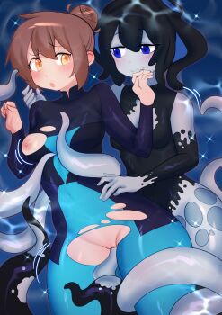 2girls absurdres blue_eyes blush breasts brown_eyes brown_hair commentary commission commissioner_upload consensual_tentacles diving_suit english_commentary from_behind highres medium_breasts monster_girl morgan_(teuthidan) multiple_girls nipples original phyluma_(teuthidan) scylla tearing_clothes tentacle_hair tentacle_sex tentacles torn_clothes torso_grab twibli1