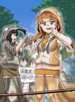 bad_id bad_twitter_id black_hair black_mamba_(kemono_friends) collared_shirt cup demonstration fangs finger_in_own_mouth haegiwa_gonbee hood hoodie kemono_friends miniskirt necktie orange_hair pencil_skirt shirt short_hair sign skirt sleeves_rolled_up slit_pupils snake_tail tail taipan_(kemono_friends) thighhighs tree zipper_pull_tab
