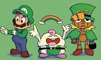 3boys brown_hair full_body geno_(mario) gloves hand_up happy hat looking_at_viewer luigi mallow_(mario) mario_(series) multiple_boys muscular nintendo overall puppet rainbow saint_patrick&#039;s_day square_enix saint_patrick&#039;s_day standing super_mario_rpg top_hat