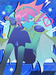 Rule 34 | 1boy, blue skin, cape, captain spaceboy, colored sclera, colored skin, g tsurius, highres, holding, holding microphone, knees up, long sleeves, looking at viewer, microphone, omori, parted lips, pink eyes, pink hair, short hair, sitting, solo, yellow sclera