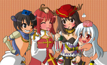 ! 1boy 3girls :d arch_bishop_(ragnarok_online) armor bikini bikini_top_only black_eyes black_hair book book_on_lap breasts brown_bikini brown_eyes brown_hair brown_skirt chain chain_necklace chest_sarashi cigarette cleavage_cutout closed_eyes clothing_cutout commentary_request cowboy_shot cross dress fake_antlers fang genetic_(ragnarok_online) grin hat heart jewelry juliet_sleeves jumpsuit jumpsuit_around_waist long_hair long_sleeves looking_at_another mechanic_(ragnarok_online) medium_breasts monkey monou0135 multiple_girls necklace one_eye_closed open_mouth orange_background pauldrons piglet puffy_sleeves ragnarok_online red_dress red_hair red_hat rideword_(ragnarok_online) sarashi savage_babe short_hair shoulder_armor shrug_(clothing) skirt small_breasts smile spoken_exclamation_mark sura_(ragnarok_online) swimsuit teeth two-tone_dress vambraces white_dress white_jumpsuit