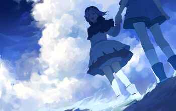 2girls :d black_boots bloomers blue_hair blue_sky blue_theme boots chinese_commentary cloud commentary floating_hair highres holding_hands hood kumoi_ichirin multiple_girls murasa_minamitsu nme_0039 open_mouth painterly parted_bangs shirt skirt sky smile socks touhou underwear white_shirt white_skirt white_socks wind