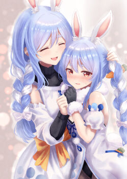 2girls absurdres animal_ears apron black_bodysuit black_leotard blue_hair bodysuit braid carrot_hair_ornament closed_eyes commentary_request don-chan_(usada_pekora) dress food-themed_hair_ornament fur-trimmed_gloves fur_trim gloves hair_ornament highres hololive hug leotard leotard_under_clothes long_hair looking_at_viewer mature_female mother_and_daughter multicolored_hair multiple_girls open_mouth orange_eyes pekomama pekomama_(1st_costume) rabbit_ears rabbit_girl rabbit_tail short_eyebrows tail twin_braids two-tone_hair usada_pekora usada_pekora_(1st_costume) virtual_youtuber white_apron white_dress white_gloves white_hair ya-ya